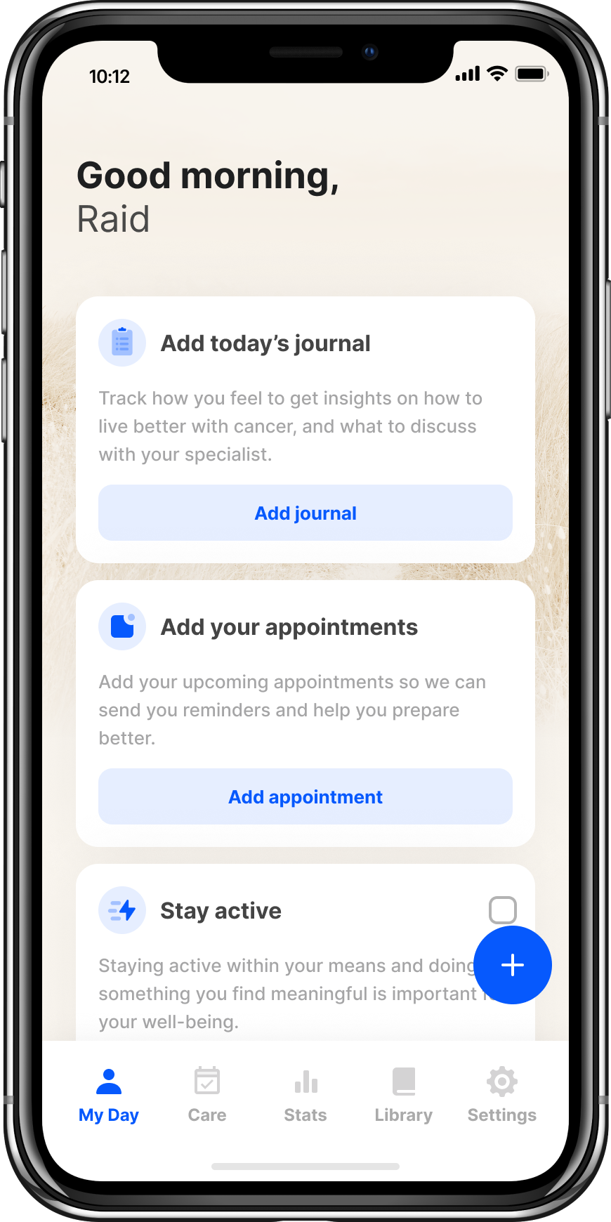 Daily overview with recommended tasks and actions to add an appointment or journal entry