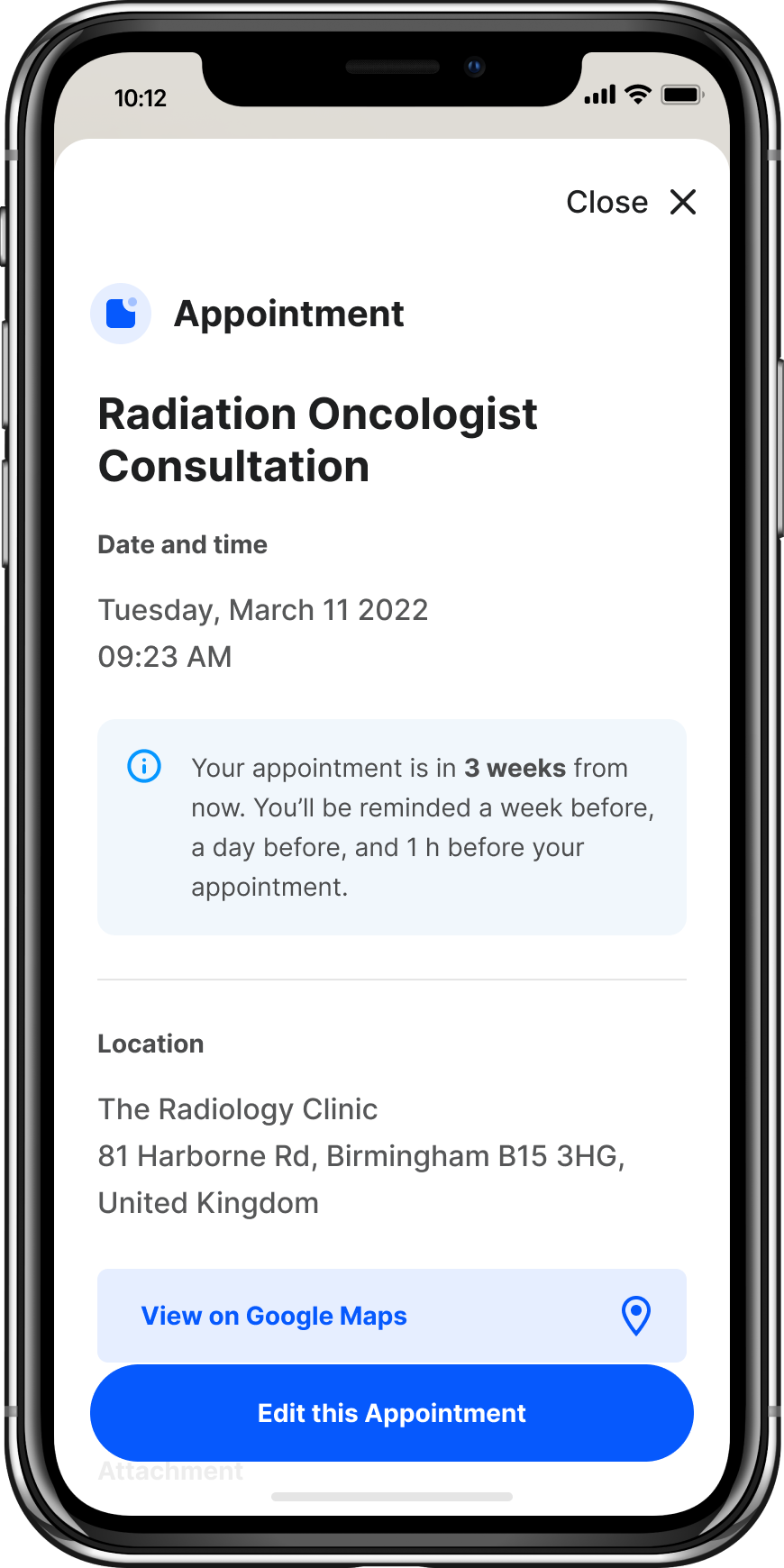 Appointment details with configurable reminders
