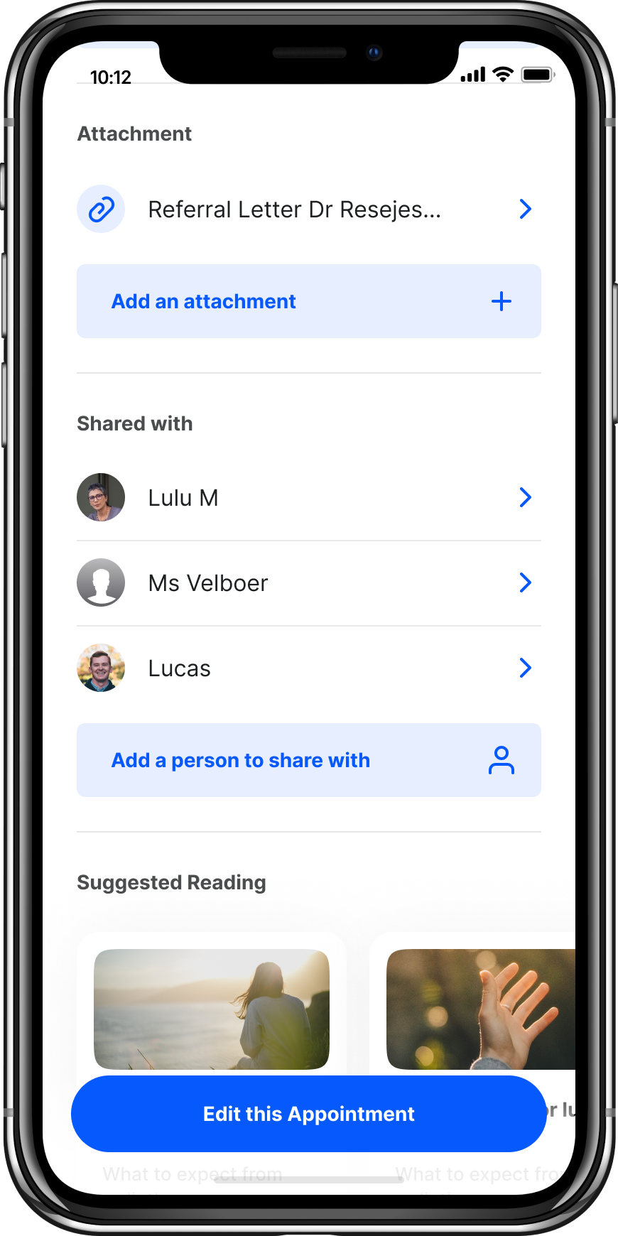Appointment details with options to attach documents and share with a trusted contact