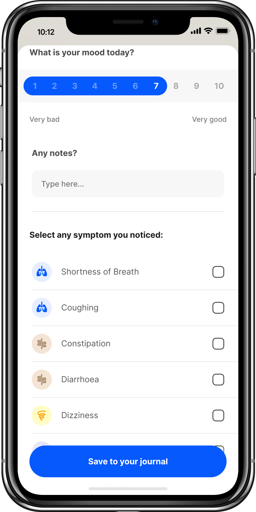 Symptom-entry screen for recording how the patient feels