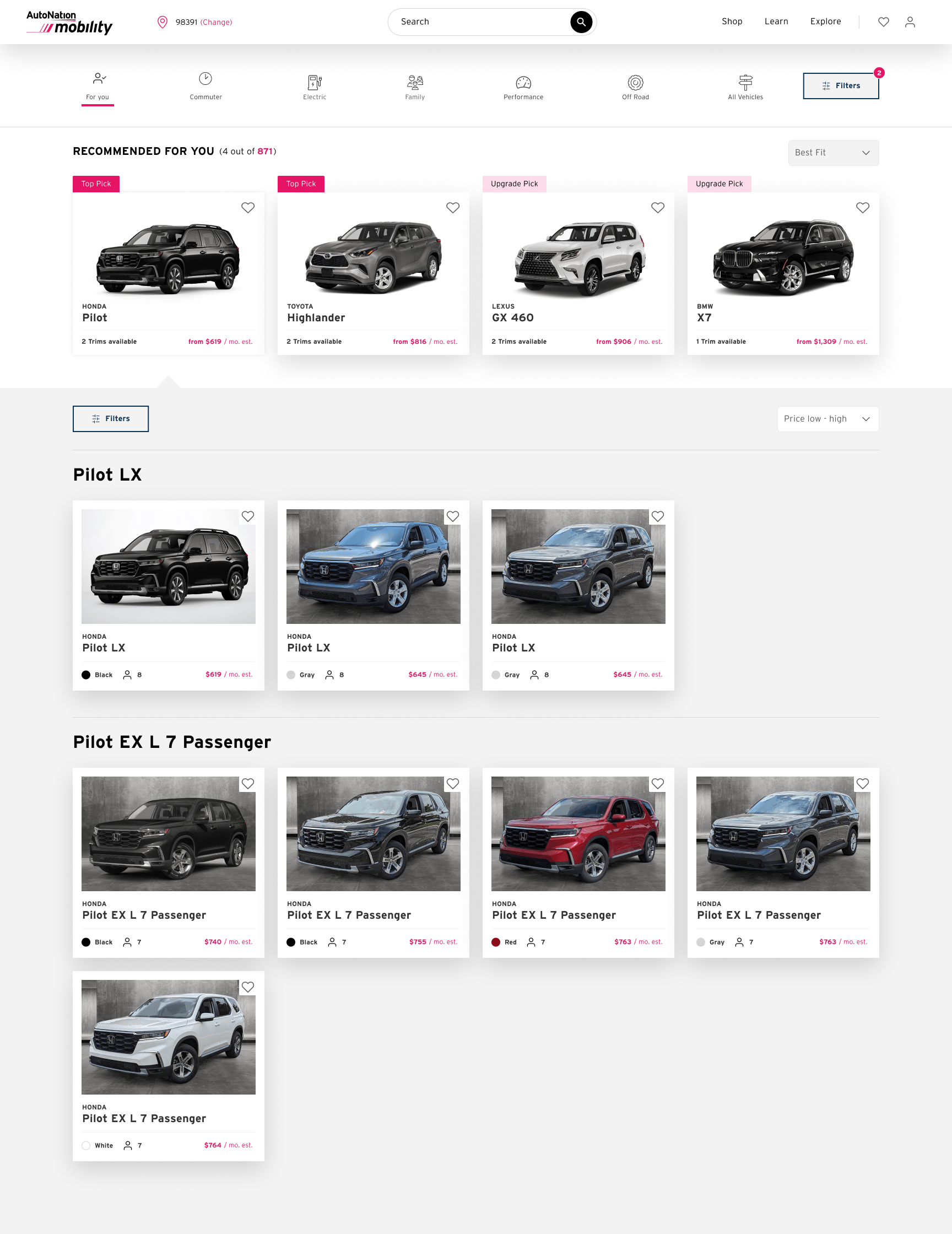 Vehicle recommendations, categories, and available trims
