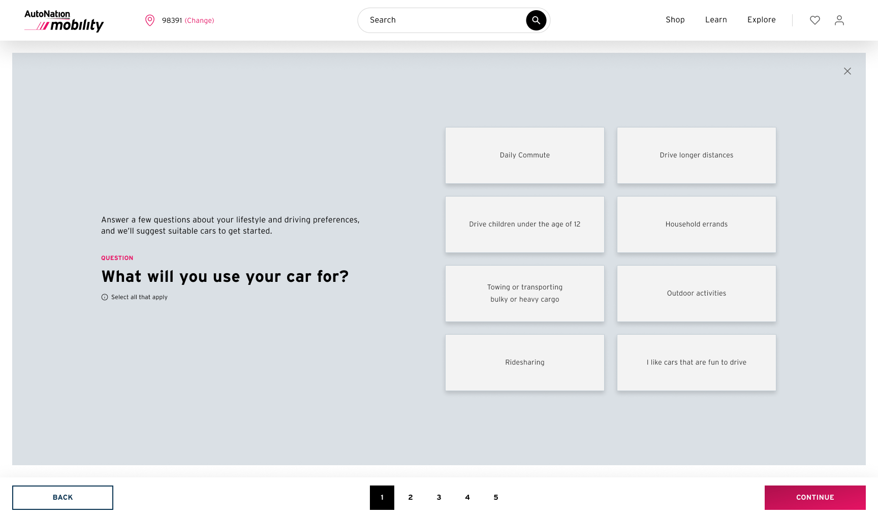 Optional vehicle discovery quiz