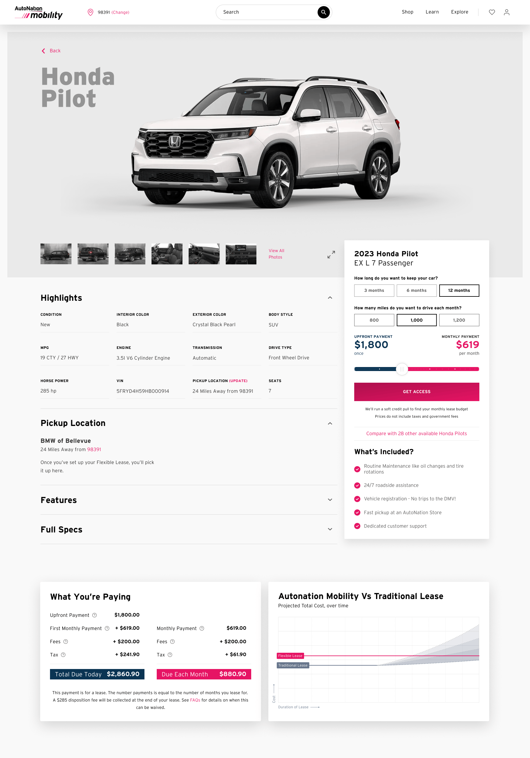 Vehicle details, lease configuration, and cost breakdown