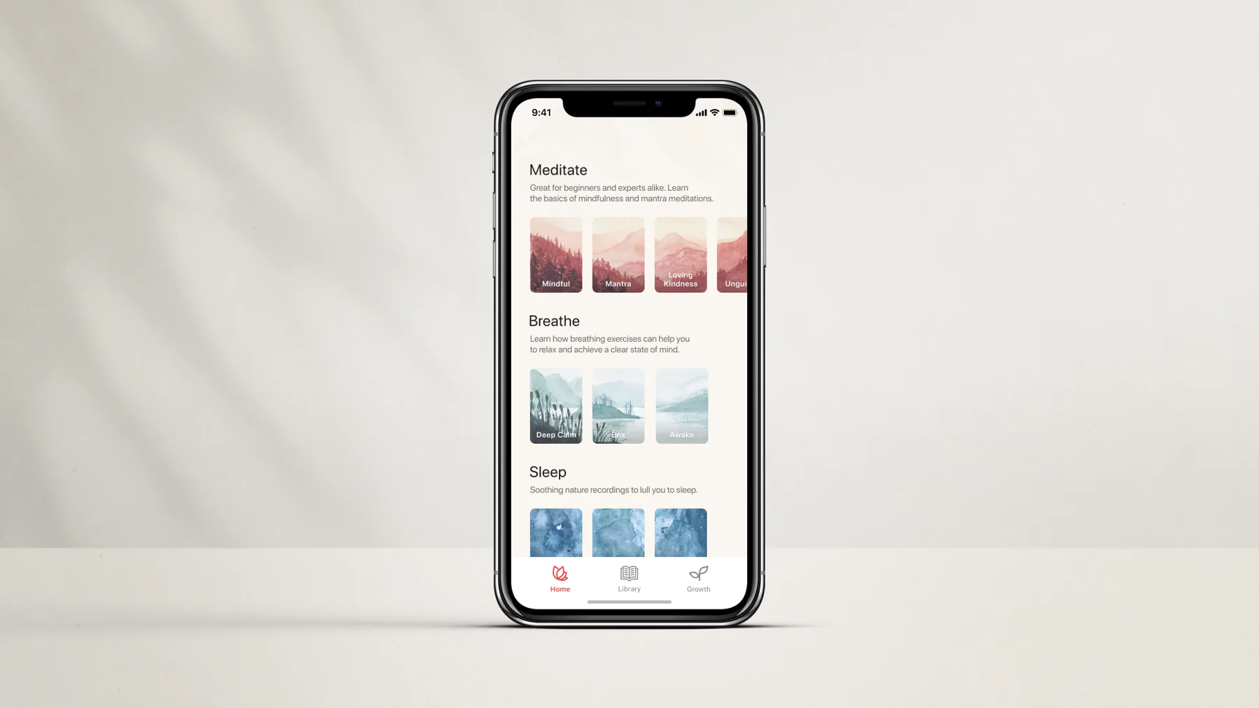 Oak home screen with illustrated cards grouped into Meditate, Breathe, and Sleep.
