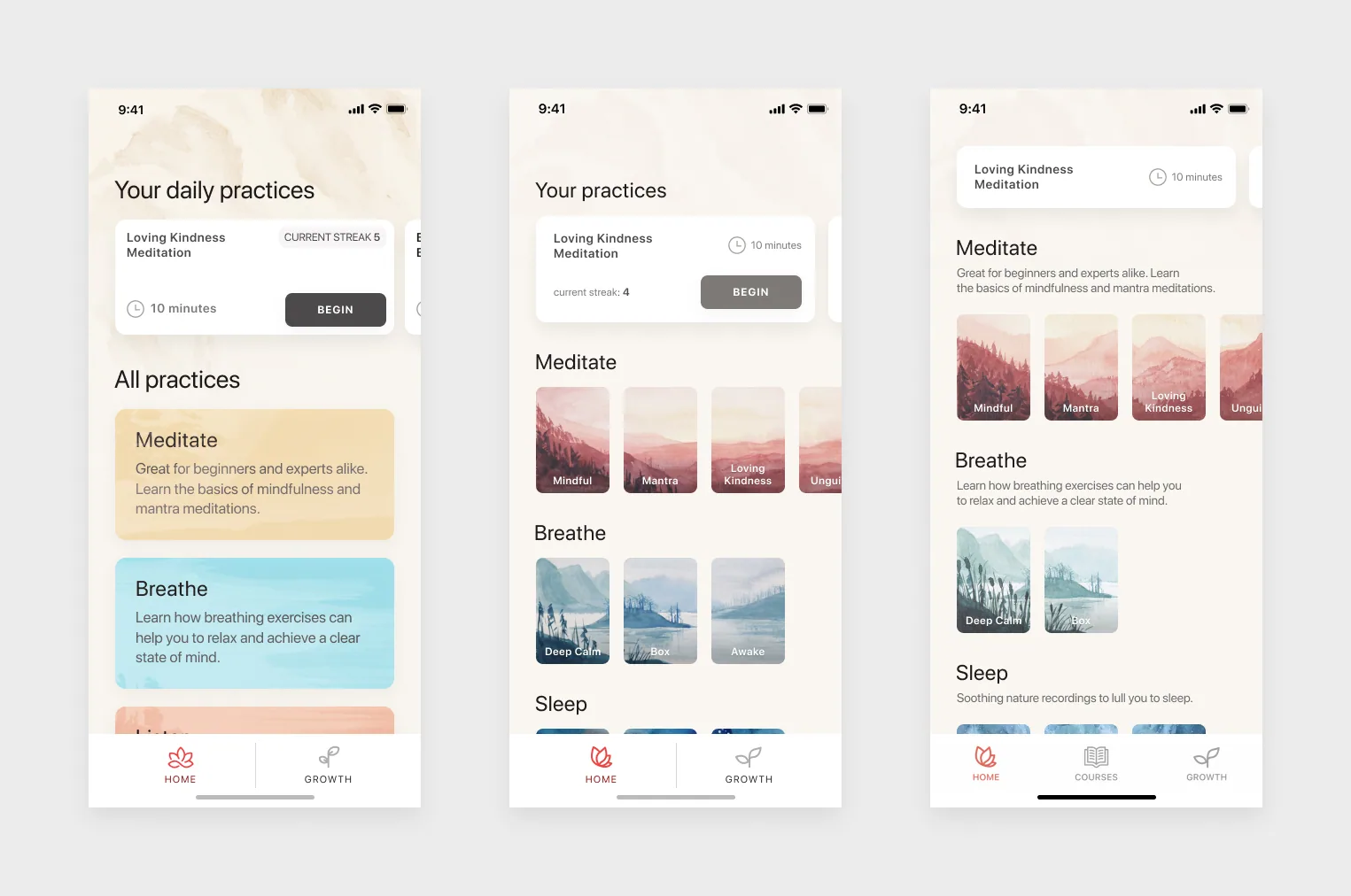 Evolution of Oak's home screen, from v1.5 to v2.0