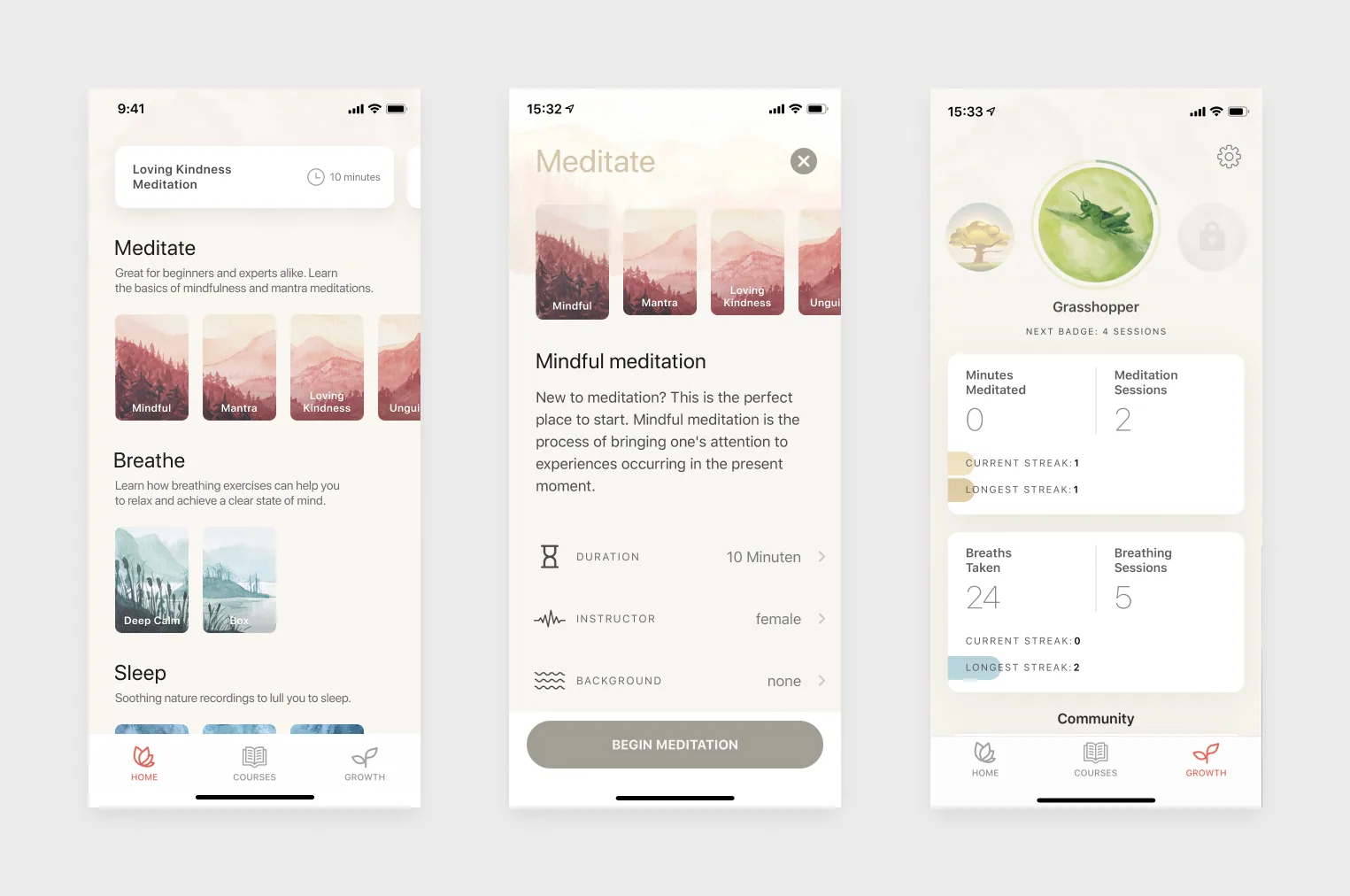 Home screen, meditation detail and profile