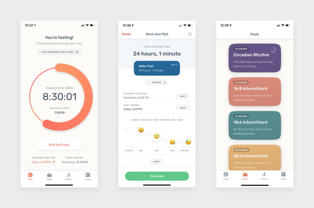 Zero's new fasting screens, including  the timer, ending a fast and an overview of fast presets.